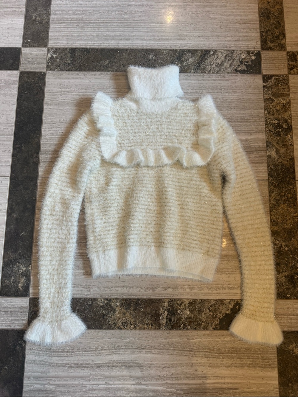 Zara Cream Ruffle Turtleneck Sweater with gold threading
